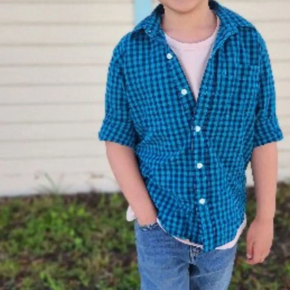 GAP Kids Boys Blue Gingham Poplin Shirt sz M(8) headshot top